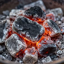 smoldering hot black and red coals, closeup macro photo, ultra details,