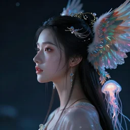 hyperrealism, night background, goddess woman face profile portrait, beautiful face portrait real human jellyfish phoenix crow wings, artwork by tooth wu and wlop. octane render, trending on artstation, greg rutkowski cinematic, hyper realism, high detail, octane render, 8 k