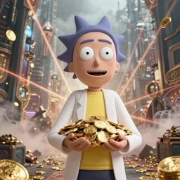 morty holding a pile of gold coins, beautiful details, wide angle action shot, photorealistic, high end design, 8 k, octane render, neo tokyo nuclear holocaust background, mist, ornate, lasers, volumetric lighting - h 1 2 0 0