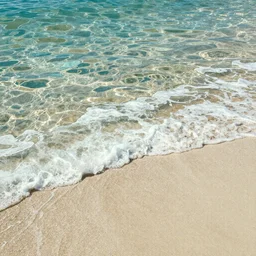 An aesthetically pleasing, dynamic, energetic, lively, well-designed digital art of a beach, ripples, waves, sea foam, light and shadow, ocean caustics, overlaid with aizome patterns, by Ohara Koson and Thomas Kinkade, traditional Japanese colors, superior quality, masterpiece