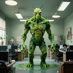 the strange giant creature in the office, made of Chlorophyll and water, film still from the movie directed by Denis Villeneuve with art direction by Salvador Dalí