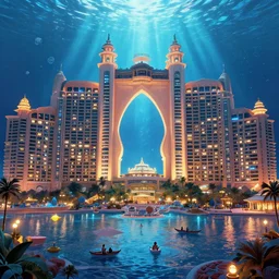 exterior huge architecture, digital art, royal atlantis underwater palace, a lot of lights and people, trending on artstation