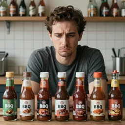 a portrait of a sad socialist disliking the selection of bbq sauces,