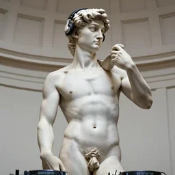 A photo of Michelangelo’s sculpture of David wearing headphones DJing