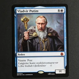 a fully detailed photo showing a magic the gathering card in it's full glory, depicting vladimir putin as a wizzard, 8 k, ultra realistic,
