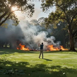 athletic golf player, green lush golf course, low angle, burning forest, smoke fire, sunlight shining through the branches of trees, digital painting, cinematic, 4k, particles light, by Noah Bradley, by ilya kuvshinov