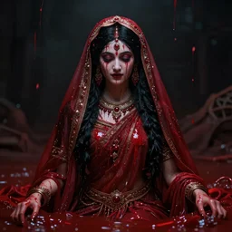 beautiful Hindu goddess of the dark with veil, in darkness, cover with a lot of red water, horror terrifying, surreal realistic, hyper details, full HD, 8k!