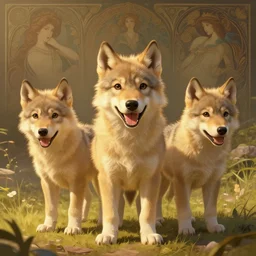 clear portrait of a litter of werwolf puppies, adorable appearance!!!, golden hour, happy apearance, cottagecore!!, background hyper detailed, character concept, full body, dynamic pose, intricate, elegant, highly detailed, digital painting, artstation, concept art, smooth, sharp focus, illustration, art by artgerm and greg rutkowski and alphonse mucha