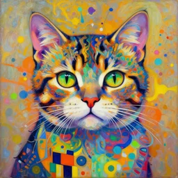 cool cat portrait an oil painting splashes with many colors and shapes by gustav klimt greg rutkowski and alphonse mucha, polycount, generative art, psychedelic, fractalism, glitch art