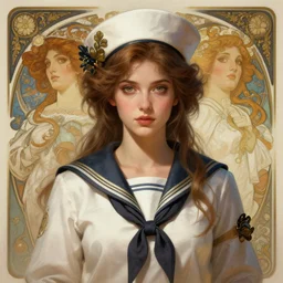 A full portrait of a beautiful post apocalyptic sailor, intricate, elegant, highly detailed, digital painting, artstation, concept art, smooth, sharp focus, illustration, art by Krenz Cushart and Artem Demura and alphonse mucha