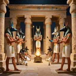 a 1 9 5 0's technicolor cinematic scene of egyptian gods with animal heads, having a ceremony in a moonlit temple in karnak