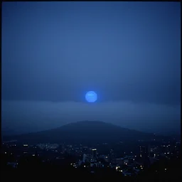 titan shadow, fog, hill above city, night sky, blue sun on the horizon, deep blue mood, old photo, by stanley kubrick