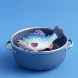 a 3d render of fish in a pot with blue background, digital art , 4k