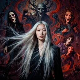 portrait of asian woman, long bleached hair, richard avedon and martin schoeller, id magazine, ragnarok epic lovecraft scene, weird, strange, surreal, david cronenberg, kilian eng vibrant colours, billowing, dramatic, dynamic lighting, intricate, detailed, beksinski, dan mumford, artstation, greg rutkowski, sharp focus, motion, photoreal, 8 k