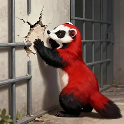 a red - and - black weasel / stoat fursona ( from the furry fandom ), scratching and chiseling on a prison cell wall in order to create cracks and impressions, embraced by blessed madness
