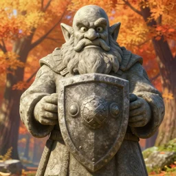 an epic fantasy comic book style portrait painting of a very big stone - statue of a dwarf made of stone holding a shield in front of him with both hands, studio ghibli, unreal 5, daz, hyperrealistic, octane render, cosplay, rpg portrait, dynamic lighting, intricate detail, harvest fall vibrancy, cinematic
