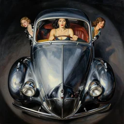 3 d fisheye, very low, wide angle, painting showing olivia munn driving exaggerated 1 9 3 0 s car with woman driving, shiny, dramatic lighting, sultry, sensual, shiny, vargas, elvgren, moebius, joshua middleton, artgerm