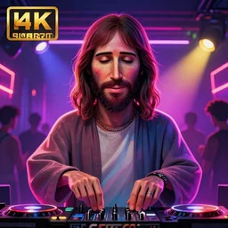 jesus christ as a rave party dj, neon lights, detailed illustration, perfect face, 8 k