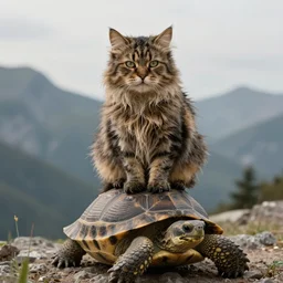 Portrait of scruffy haired cat on a tall mountain sitting on a turtle, realistic, detailed, 4k by Greg Rutkowski Mark Arian trending on artstation