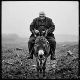 movie still by tarkovsky of an happy giant obese old bald man wear dark clothes riding a donkey, cinestill 8 0 0 t 3 5 mm b & w, heavy grain, high quality, noir, natural textures, photorealistic, ambient occlusion, hd, mud, fog, ultra wide lens, anamorphic