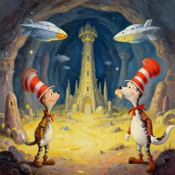 subterranean necropolis in the style of dr. seuss, starships, painting by brothers hildebrandt