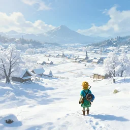 snowy Landscape and a village in the background in the style of zelda breath of the wild