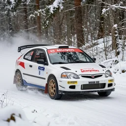 a 2 0 1 0 mugen civic type - r, racing through a rally stage in a snowy forest