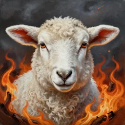professional painting of a white lamb surrounded by fire in the style of Dino Valls, head and shoulders portrait, symmetrical facial features, smooth, sharp focus, illustration, intricate, stormy weather, extremely detailed masterpiece,