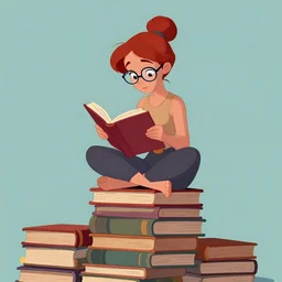 a young woman with red hair in a bun and glasses sits cross legged on top of a tall pile of books. she is reading. clean pretty cartoon painting by disney, beautiful detailed face.