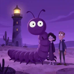 abigail larson, don bluth, artgerm, joshua middleton, purple color pallete, welcome to night vale, lighthouse in the desert, giant centipede, spooky strange weird quirky, cartoon, 2 d, chiral lighting