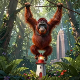 portrait of a red orangutan as king kong climbing on the small lighthouse as empire state building, screenshot, beautiful, realistic, atmosphere, vibe, forest, lot of trees, fern, flowers, concept art illustration, color page, tone mapping, akihiko yoshida, james jean, andrei riabovitchev, marc simonetti, digital illustration, greg rutowski, volumetric lighting, sunbeams, particles