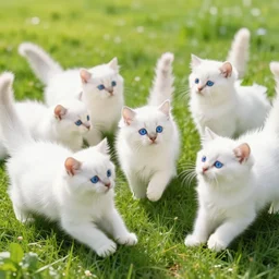 color still of a group of cute!! white cats with blue eyes playing, grassy field, high detail, bright sunny day, photorealistic