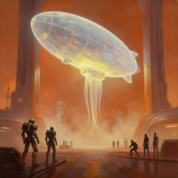 dramatic perspective a minimalist bioluminescent oil painting by donato giancola, chris foss, warm coloured, cinematic fury road in space scifi luxurious futuristic foggy steam filled spaceport with giant bright translucent cephalopod zeppelin cyborg with microscopy, gigantic pillars, maschinen krieger, beeple, the matrix, star wars, ilm, star citizen, mass effect, artstation, atmospheric perspective