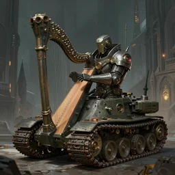 full shot portrait of medieval - cyberpunk - battletank playing on the laser harp with giant rocketturret and tanktracks, cyberpunk 2 0 8 8, cyberpunk gothic city background, elegant, digital illustration, detailed, intricate, sharp focus, digital painting, deep focus, artstation, matte, art by artgerm and greg rutkowski and alphonse mucha