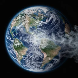 a cymatics pattern of vapour blending with an atmospheric jet stream diagram of planet earth, in the style of margaret watts hughes, weather report, satelite imagery, whole earth, octane,