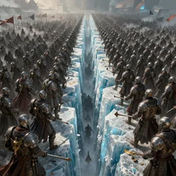 powerful thick icewall inbetween two medieval armies, highly intricate details, trending on artstation, cgsociety, 8 k, cinematic, unreal engine, octane render, illustration digital painting, sharp focus, art by wlop and greg rutkowski, rule of thirds, golden ratio, ambient lighting