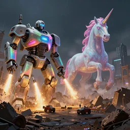 army of giant holographic rainbow robots shoot missiles on battlefield to giant unicorn demon, ruined city environment, render, ray tracing, jakub rozalski art style, dramatic, artstation,
