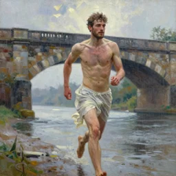 portrait oil painting, perfect expression, subconscious connects, purified consciousness, beautiful italian, tall young man short curly hair beard, running, under bridge stone, heavily raining, romantic view, luminous skies, ruan jia, mandy jurgens, william - adolphe bouguerea, michael cheval, peter mohrbacher, jessica rossier, oil painting, highly detailed, cinematic lighting, unreal, natural tpose