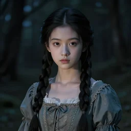 a beautiful, smooth digital painting of a daughter of the moon clan, with long, black, braided hair. nightime, low light, dark forest. strong, dabbled light falls on her face. highly detailed, sharpness. victorian dress. hyper realistic. trending on artstation.
