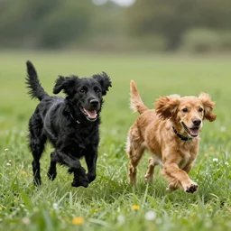 Two dogs, One black spaniel dog and One light brown spaniel dog running in a meadow low angle realism epic background 4k