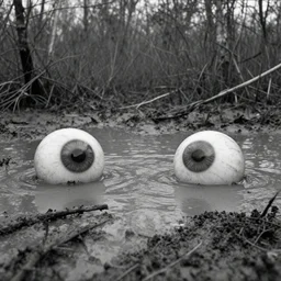 movie still by tarkovsky of big eyeballs floating in a mud pond, swamp backround, cinestill 8 0 0 t 3 5 mm b & w, heavy grain, high quality, noir, natural textures, photorealistic, ambient occlusion, hd, ultra wide lens, anamorphic