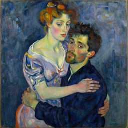 a painting of woman hugging man, a character portrait by egon schiele, reddit contest winner, academic art, studio portrait, academic art, maximalist