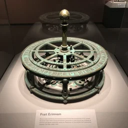 a martian artifact of a mechanical astrological machine in a museum with a description placard, bronze, old, alien, verdigris, mechanical