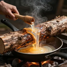 An wooden log melting into liquid in a frying pan