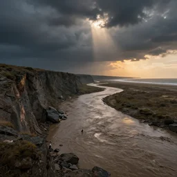 muddy river joining seashore by hiroshi yoshida, marc simonetti, roger deakins, turner, rothko, hyperrealistic, cinematic, rock plateau, dramatic stormy scene, sunset, matte painting, fluid simulation, tonalism, volumetric light, trending on artstation, 8 k high detail concept art, top view, rendered in octane
