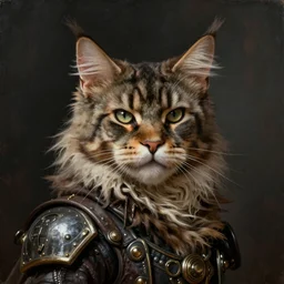 An epic fantastic realism comic book style portrait painting of steampunk swashbuckling Maine Coon cat with piercing eyes, Apex Legends Concept Art, unreal 5, DAZ, hyperrealistic, octane render, RPG portrait, dynamic lighting, Rembrandt oil
