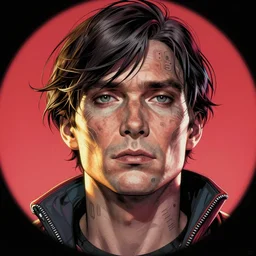 hyper detailed comic illustration of a cyberpunk Cillian Murphy, markings on his face, by Android Jones intricate details, vibrant, solid background, low angle fish eye lens