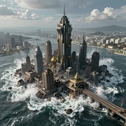 steampunk city skyline destroyed by tsunami, waves crashing everywhere, aerial view, cinematic wide shot, high detail, realistic style