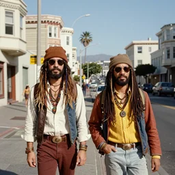 a street in san francisco with 2 hippy's in 1 9 7 0. 7 0's color