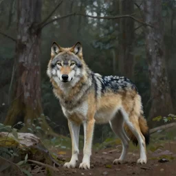 a painting of a wolf standing alone in the woods